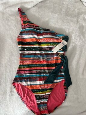One-Shoulder Multicolor Stripe Womens ' Swimsuit with Side Tie